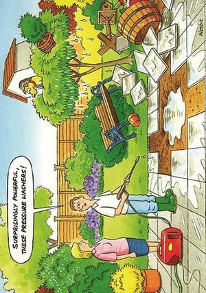 A cartoon of a man and woman cleaning a patio with a pressure washer.
