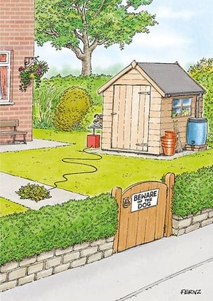 A cartoon of a shed in a yard with a gate that says "beware of the dog".