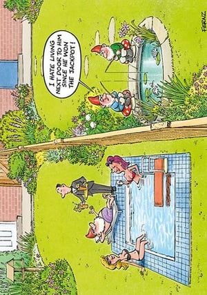 A cartoon of a man standing next to a pool with two women in it.
