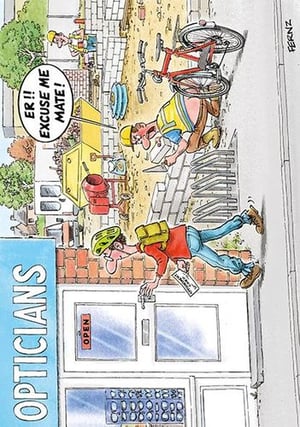 A cartoon of a man riding a bike in front of an optician's store.
