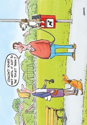 A cartoon shows a man standing next to a woman and a dog in a park.