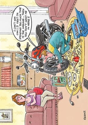 A cartoon of a man working on a motorcycle while a woman sits on a couch.