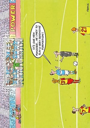 A cartoon of a soccer game with a referee and players on the field.