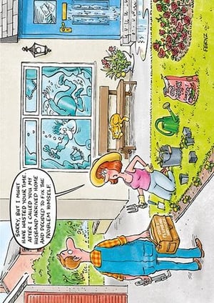 A cartoon depicts a man and a woman standing in front of a house.