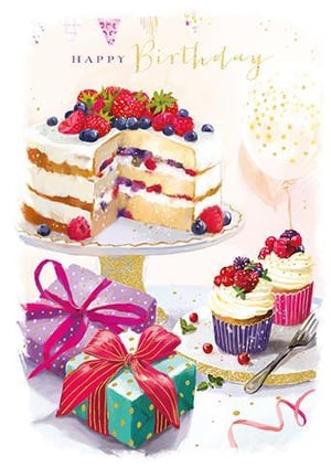 A birthday card with a cake, cupcakes, gifts, and a balloon.