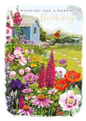 A blue shed is in the middle of a garden surrounded by flowers on a birthday card.