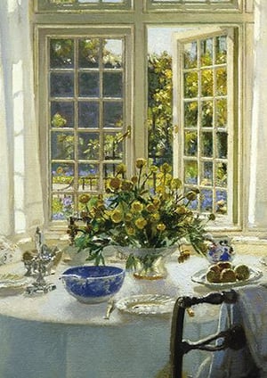 A painting of a table with a vase of flowers is in front of a window.