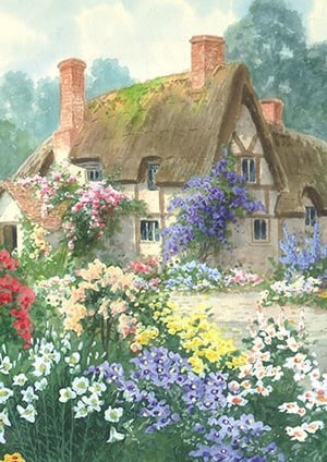 A painting of a thatched cottage that is surrounded by flowers.