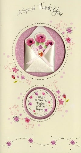 A special thank-you card with an envelope and flowers.