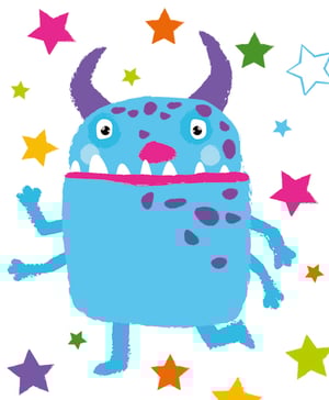 A blue monster with horns are surrounded by colorful stars.