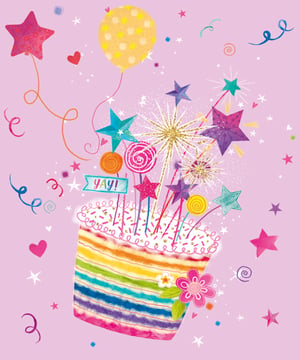 A colorful birthday cake with a sign that says "yay".