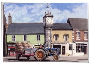 a painting of a man driving a tractor in front of a clock tower