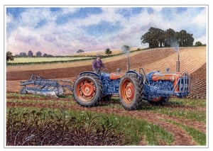 a painting of a man plowing a field with a ford tractor
