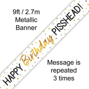 A 9ft / 2.7m metallic birthday banner with a message repeated 3 times.
