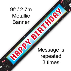 A 9ft / 2.7m metallic Happy Birthday banner with a message is repeated 3 times.