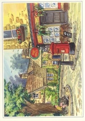 A painting of a post office with a red mailbox.