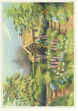 A painting of a thatched cottage surrounded by flowers.