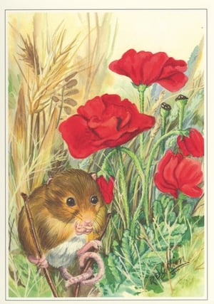 A painting of a mouse with a flower in its mouth.