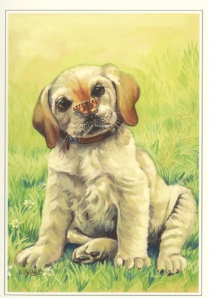 A painting of a puppy with a butterfly on its nose.