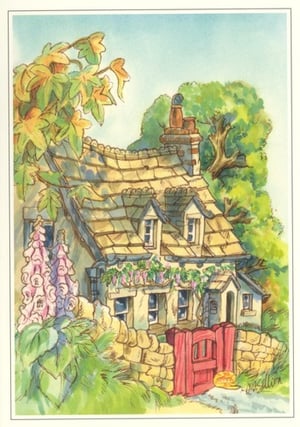 A drawing of a thatched-roofed house with a red gate.