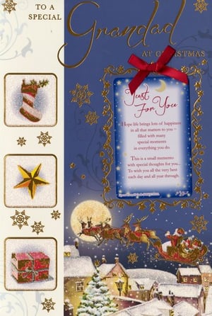 A Christmas card that says "To a special grandad at Christmas."