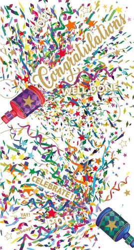 Congratulations! Well done! Greeting card with colorful confetti and ribbons.