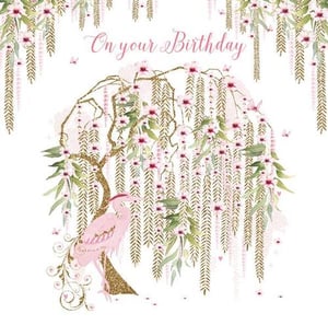 A birthday card with a willow tree and a bird on it.