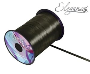 A spool of elegant black Poly Ribbon on a white background.