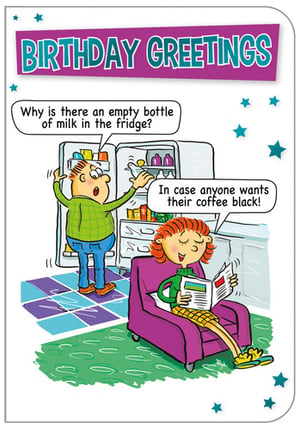 A birthday card featuring a cartoon of a man opening a fridge and a woman reading a newspaper.
