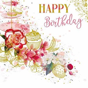 A happy birthday card with flowers and cupcakes on a white background.