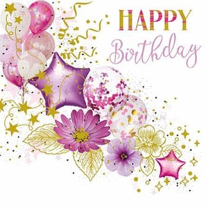 A happy birthday card with balloons, flowers, stars, and confetti.