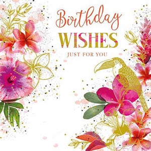 A birthday card with flowers and a toucan on it.