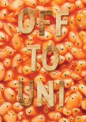A close-up of baked beans with faces on them and the words "off to uni" written on them.