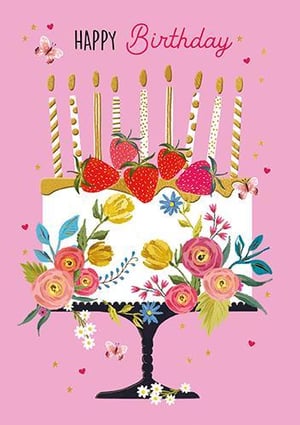 A birthday card with a cake decorated with strawberries, flowers, and candles.