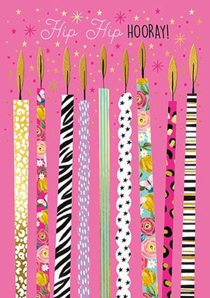 A birthday card with a bunch of candles on a pink background.