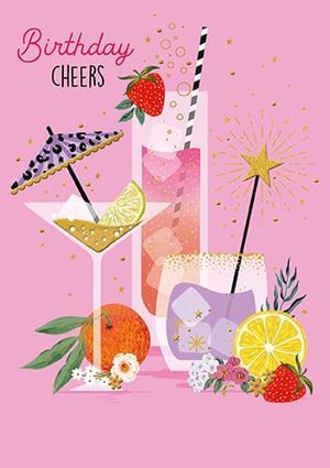 A birthday card with three drinks and straws on a pink background.