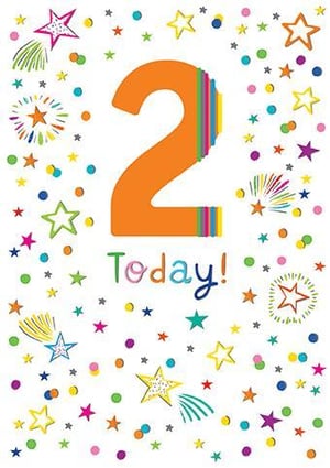 A birthday card with fireworks and stars for a child's second birthday.