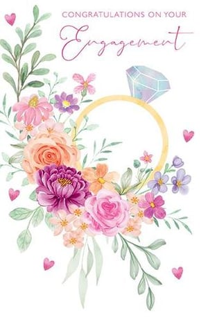 Congratulations on your engagement card, with flowers and a diamond ring.