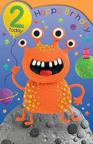 A happy birthday card for a boy with a monster on the moon is holding a balloon.
