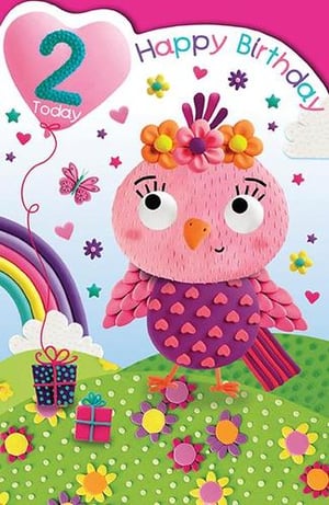 A pink owl is holding a balloon with the number 2 ontop.