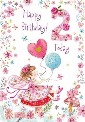 A birthday card for a little girl with a fairy holding a heart-shaped balloon.