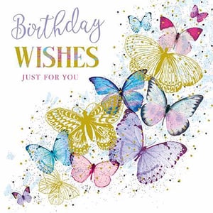 A birthday card with a bunch of butterflies on it.