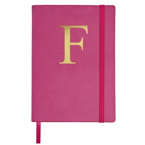 A pink book with a gold letter "F" on it.