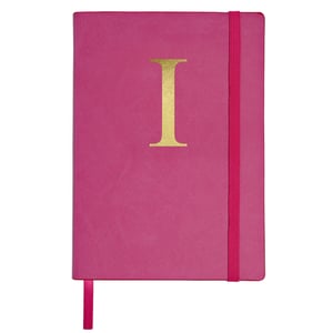 A pink notebook with a gold letter "i" on it.