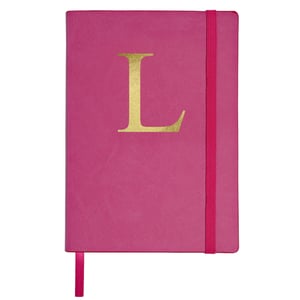 A pink notebook with a gold letter "L" on it.