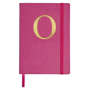 A pink book with a gold letter "o" on it.