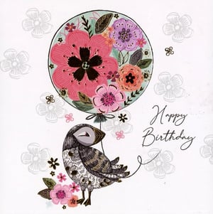 A birthday card with a bird holding a balloon with flowers on it.