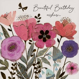 A birthday card with pink and purple flowers along with the words "beautiful birthday wishes".