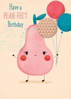 A birthday card with a pink pear holds three balloons.