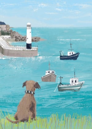 A painting of a dog looking at boats in the ocean.